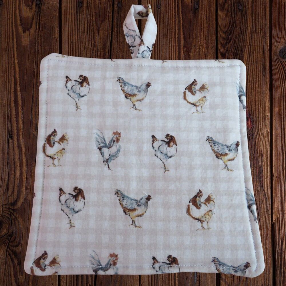 Handmade Potholder, Gingham Chickens